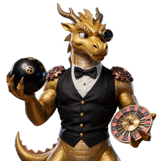 Dragonia Casino Drachen-Maskottchen als Live-Dealer mit Roulette-Kugel und Casino-Chips