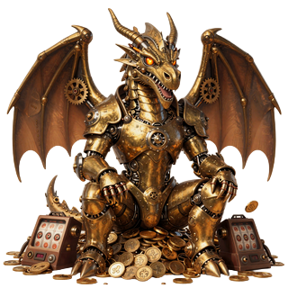 Dragonia Casino Drachen-Maskottchen mit Steampunk-Zahnr&auml;dern und Spielautomaten-Walzen