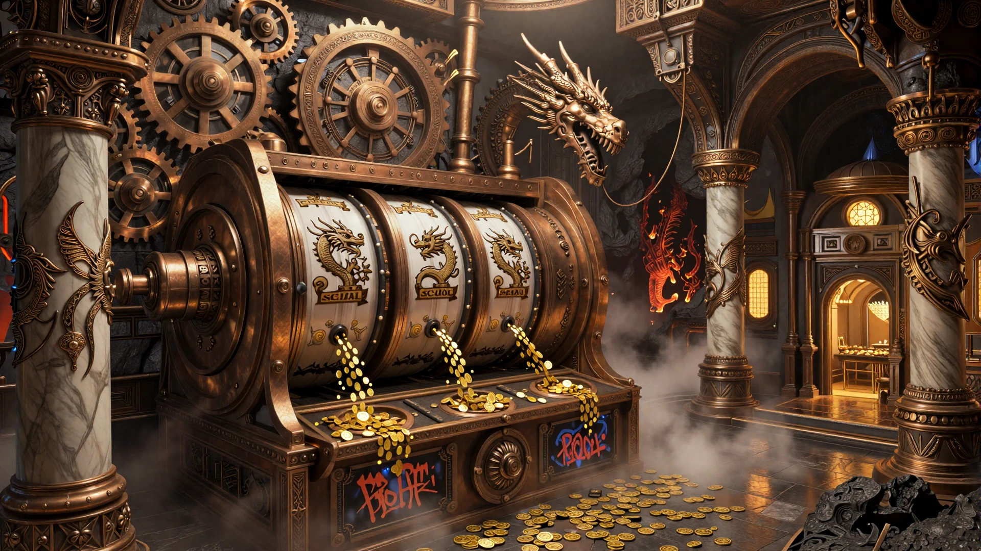 Steampunk Spielautomaten-Halle mit mechanischen Bronze-Walzen und Drachensymbolen bei Dragonia Casino