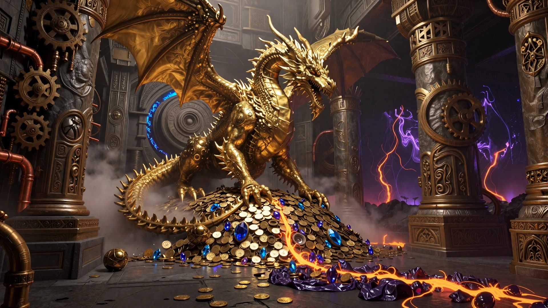 Dragonia Casino Drachenh&ouml;hle mit goldenem Schatz und Steampunk-Elementen