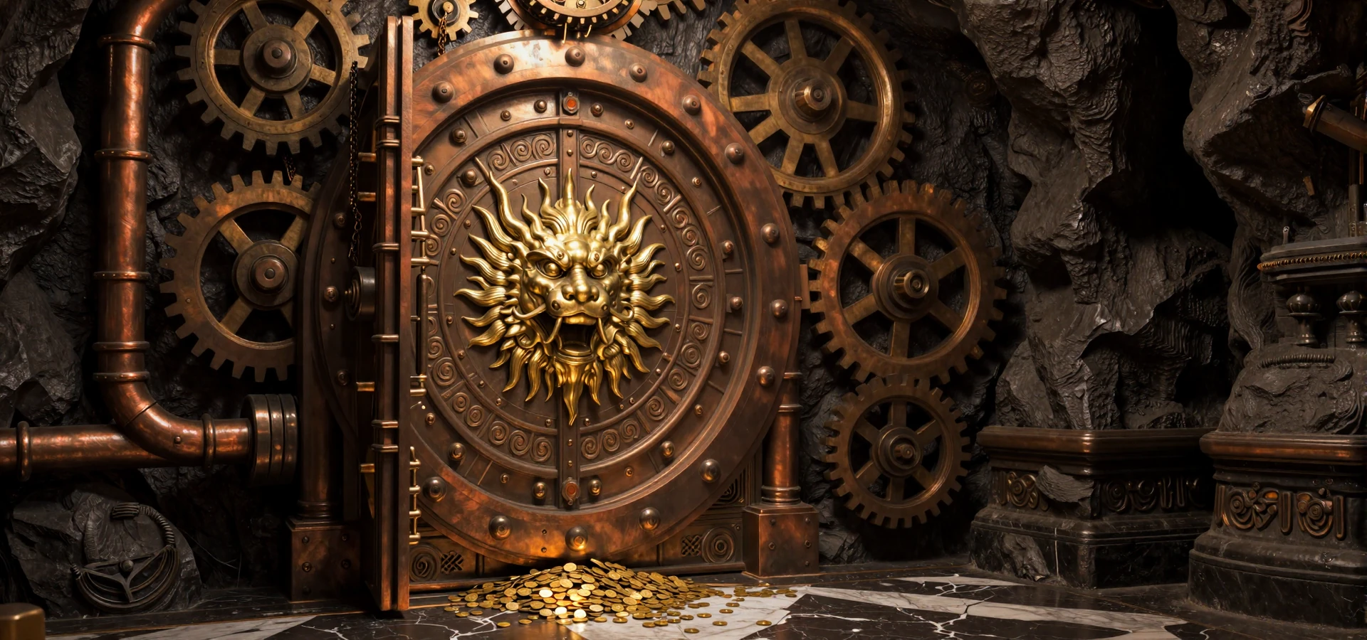 Steampunk-Tresor mit bronzenen Zahnr&auml;dern und goldenem Drachenemblem f&uuml;r Zahlungsmethoden bei Dragonia Casino