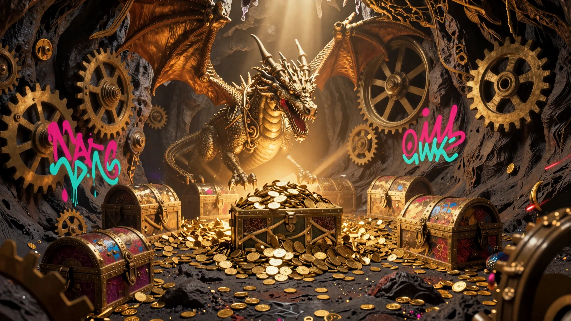 Dragonia Casino Bonusseite Schatzkammer mit goldenem Drachen und Steampunk-Graffiti-Elementen