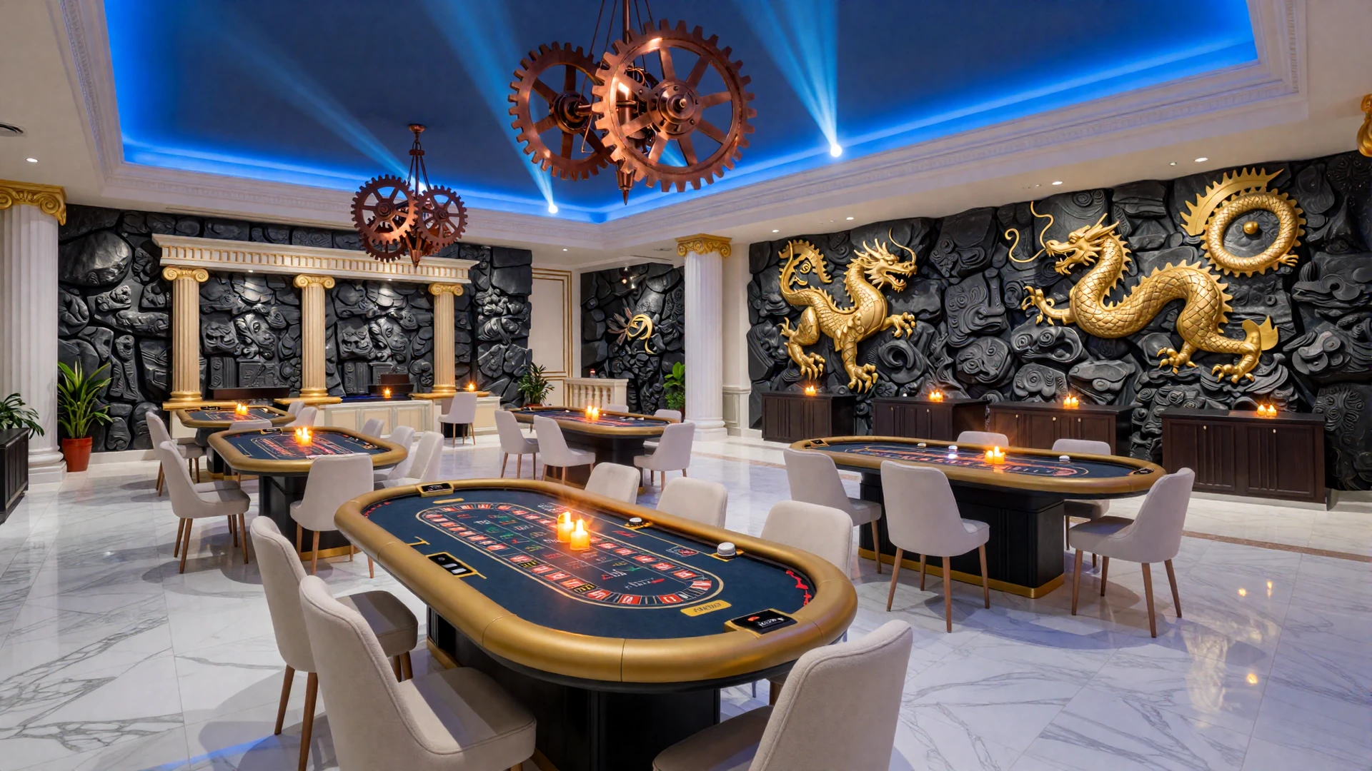Dragonia Casino Live Casino VIP-Halle mit Marmors&auml;ulen, goldenen Roulette-Tischen und blauer Atmosph&auml;renbeleuchtung