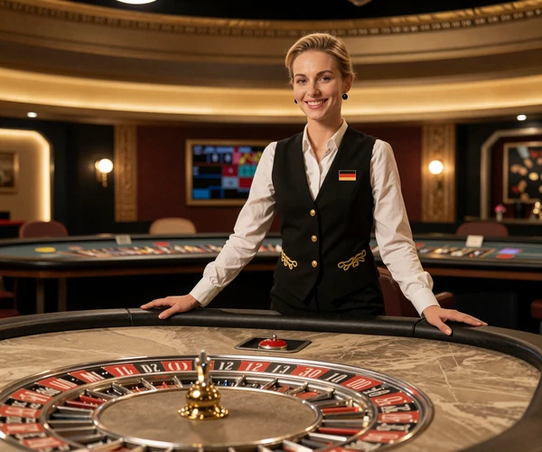 Professionelle deutschsprachige Live-Casino-Dealerin am Roulette-Tisch mit goldener Beleuchtung