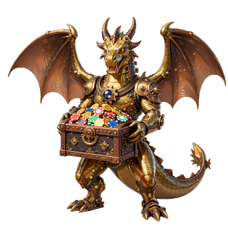 Dragonia Casino Drachen-Maskottchen mit Schatztruhe voller Gold und Casino-Chips